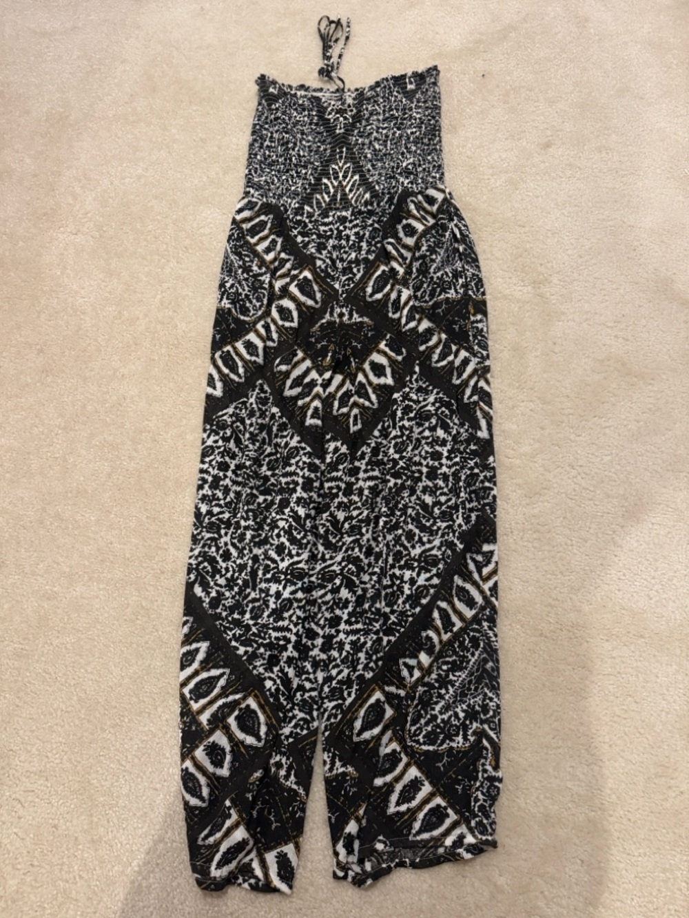 Free People Black, White & Brown Printed Smocked Halter Jumpsuit